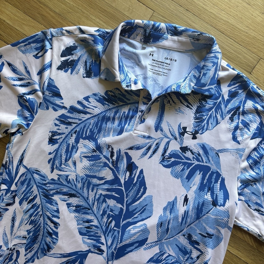 Under Armour Hawaiian The Playoff Golf Polo Shirt Mens Large Blue Floral Pink